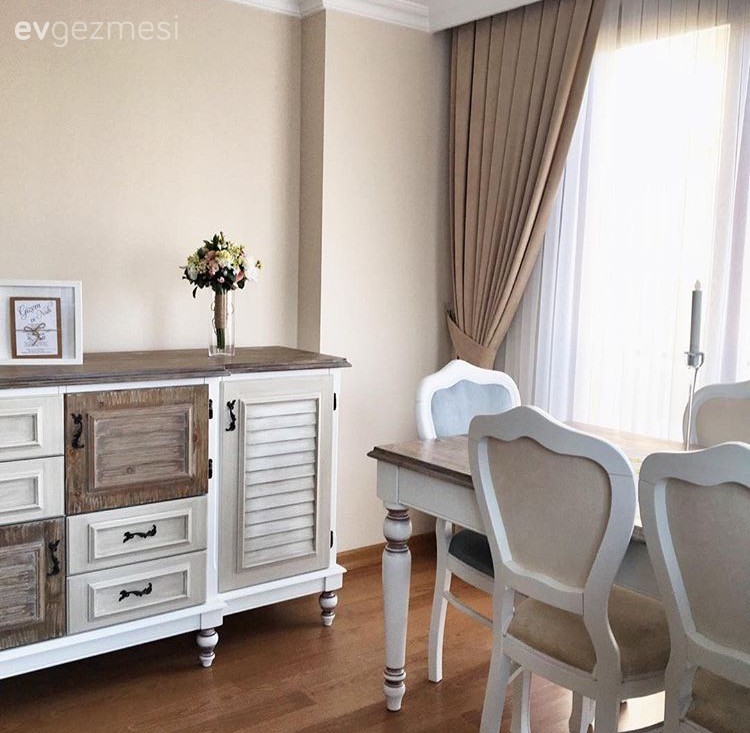 Fon perde, Konsol, Krem, Mavi, Salon, Yemek Odası, Perde