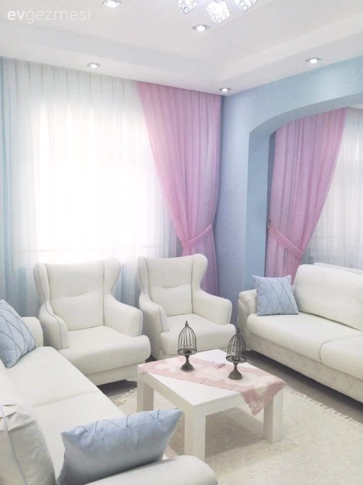 Beyaz, Fon perde, Mavi, Pembe, Salon, Perde