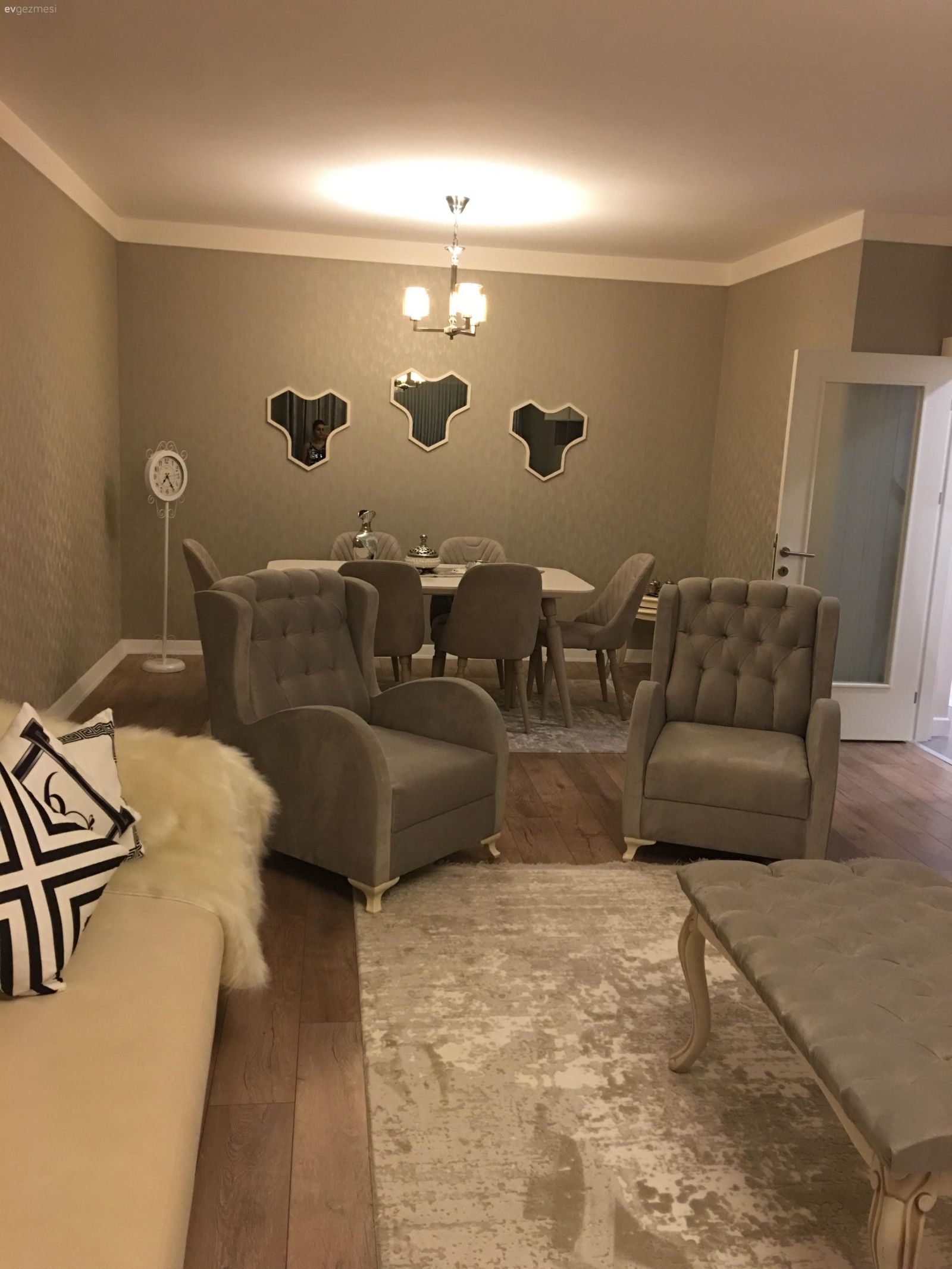 Salon, Berjer, Ayna, Duvar dekorasyonu, Halı, Puf, Gri