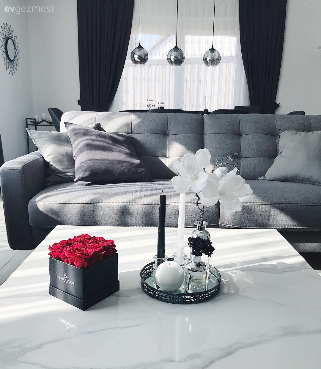 Salon, Gri, Orta sehpa, Mermer sehpa, Mermer, Dekoratif Objeler, Sehpa üstü aksesuarı