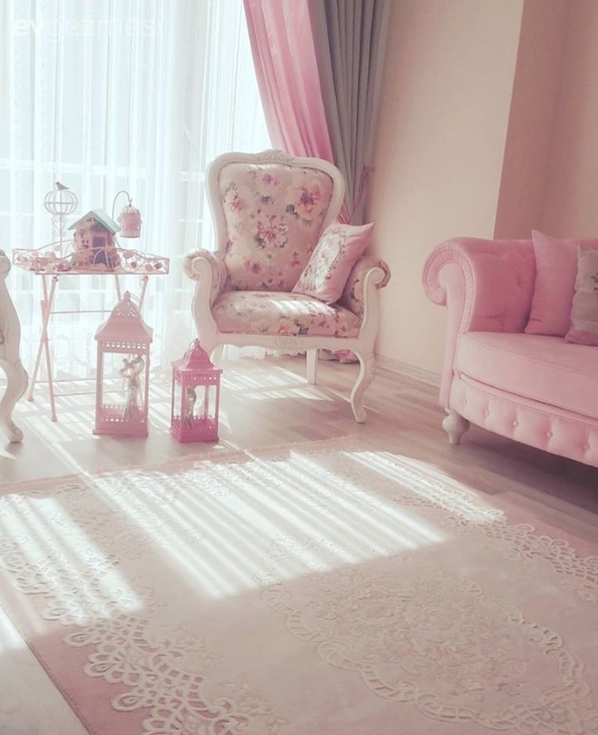 Berjer, Country, Fon perde, Halı, Pembe, Salon, Perde