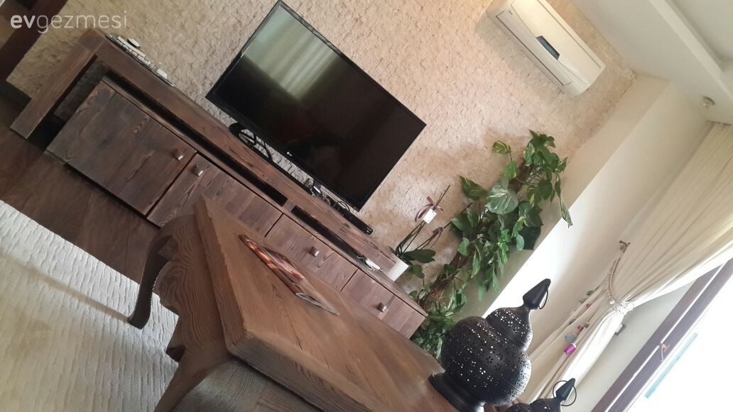 Ahşap Mobilya, Çiçekler, Orta sehpa, Salon, Taş duvar, Tv ünitesi