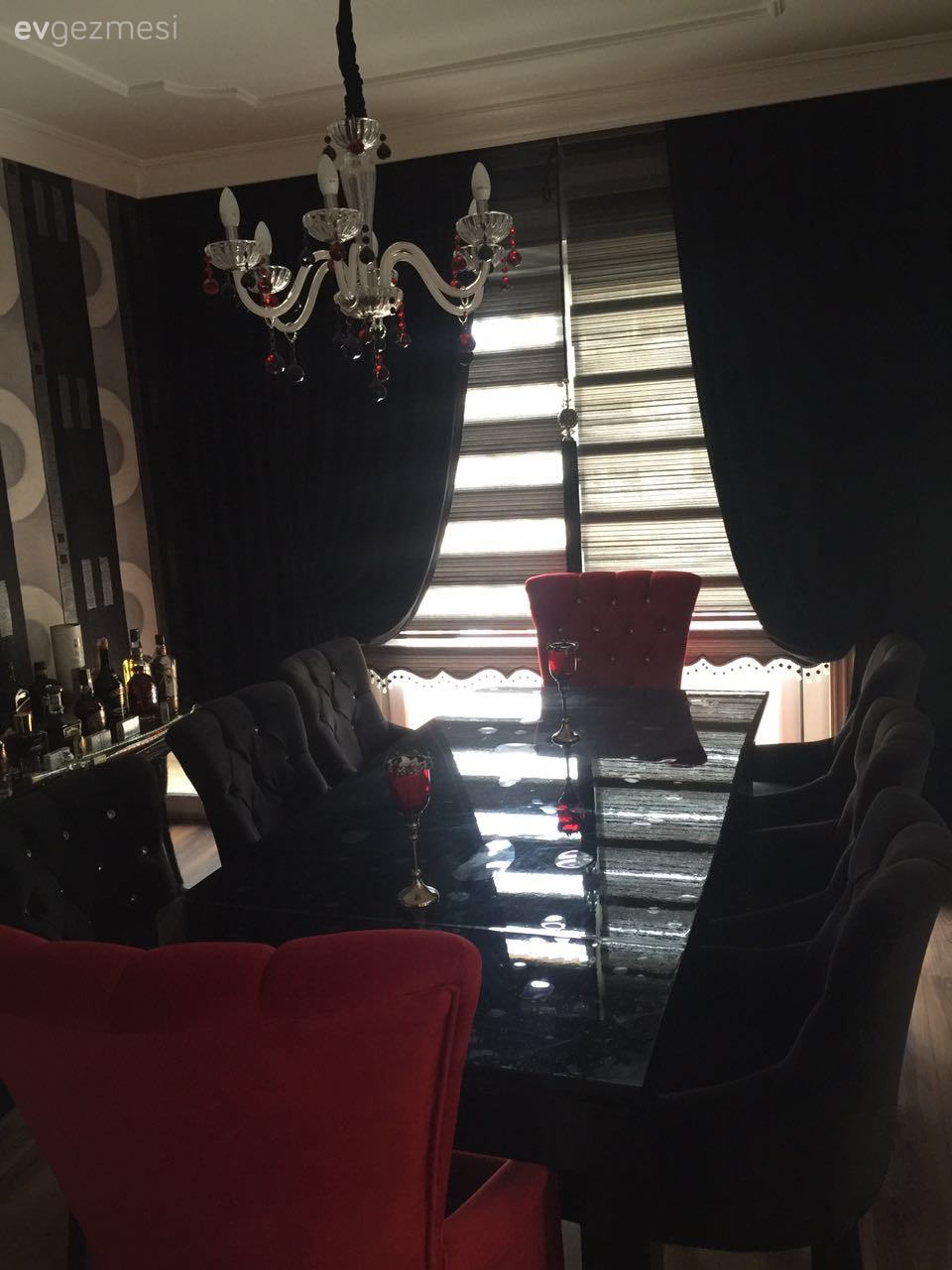 Fon perde, Kırmızı, Siyah, Yemek Odası, Perde