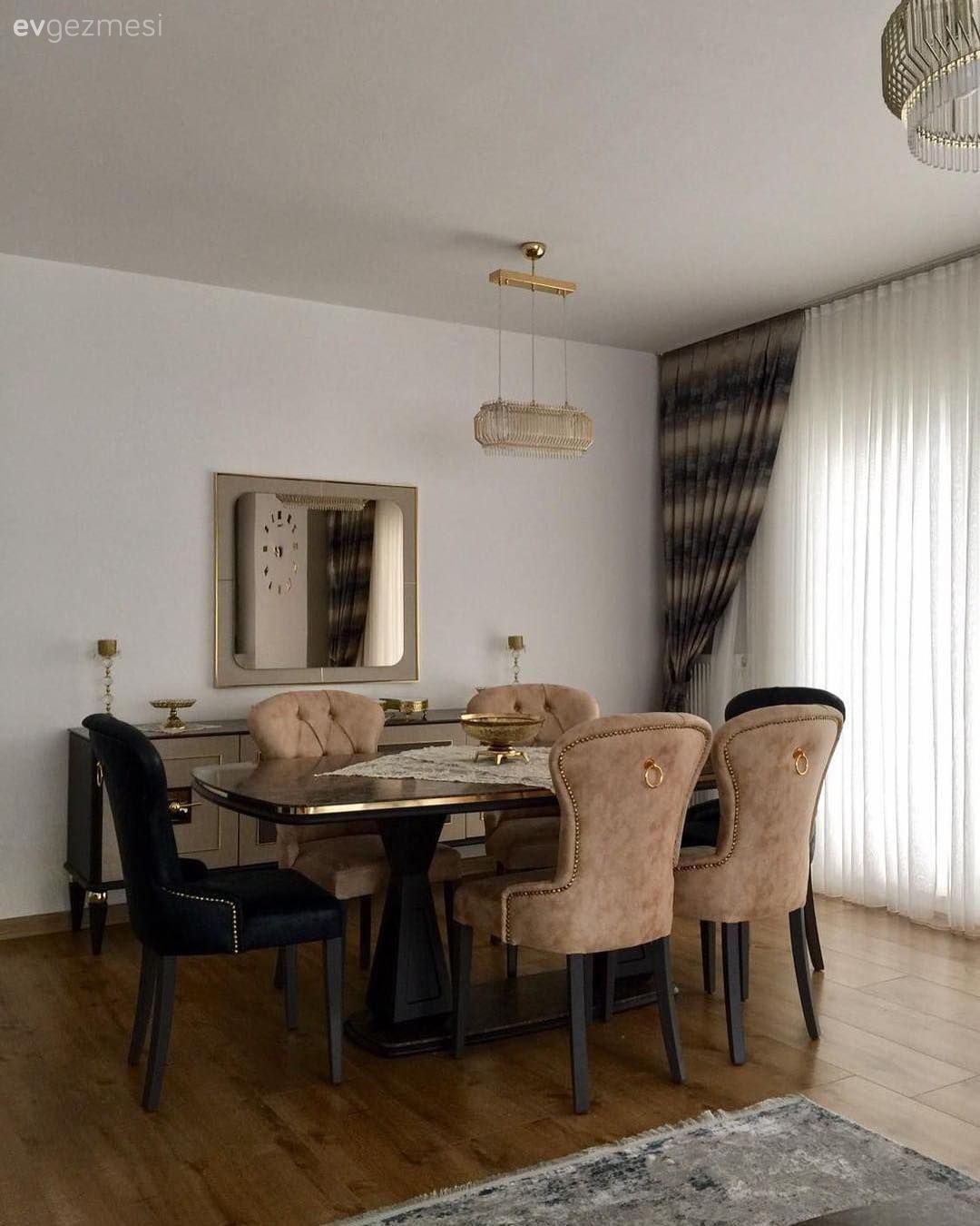 Salon, Krem, Fon perde, Yemek Odası, Ayna, Yemek odası avizesi