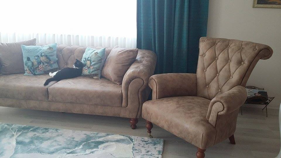 Berjer, Fon perde, Kahverengi, Mavi, Salon, Perde