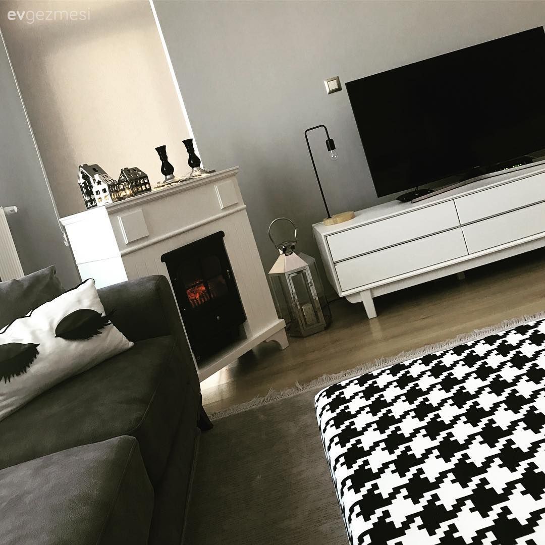 Salon, Tv ünitesi, Siyah- Beyaz, Şömine