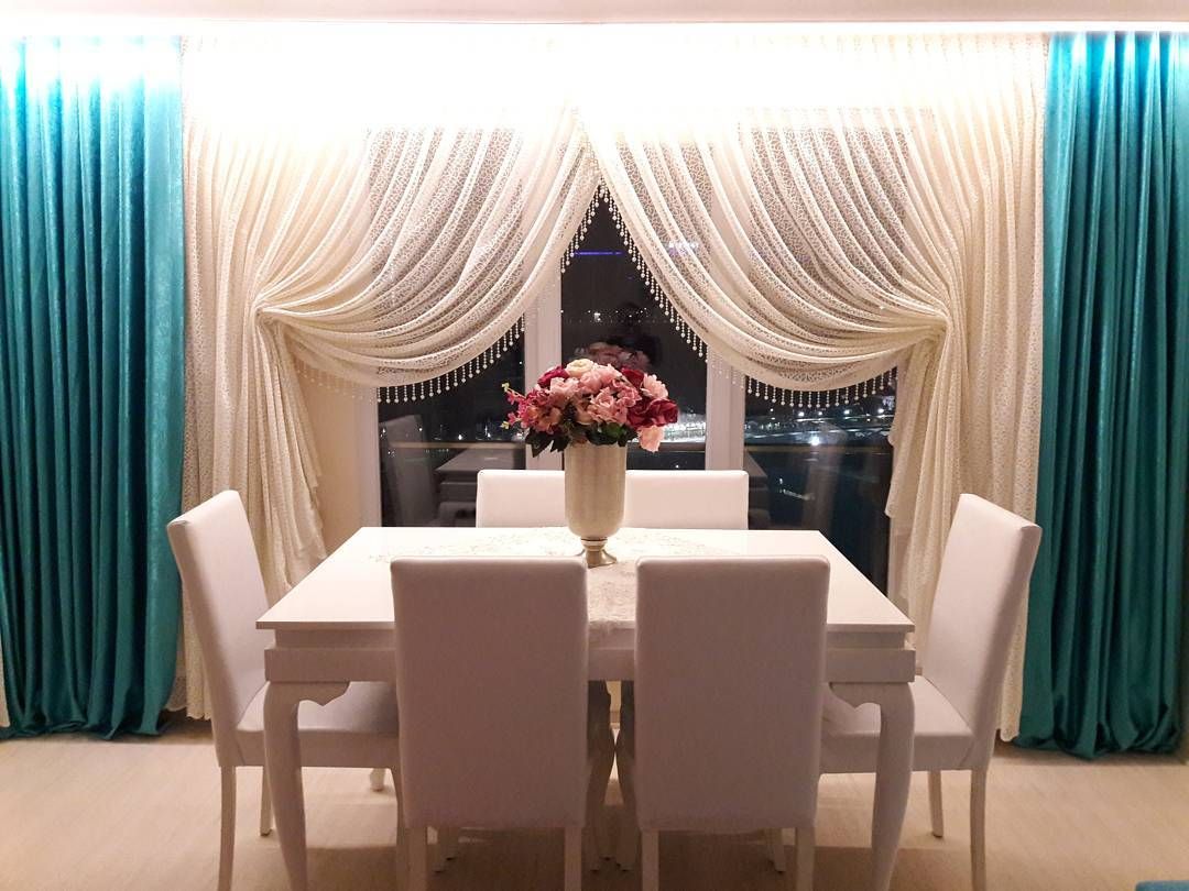 Yemek Odası, Salon, Mavi, Fon perde, Kruvaze perde