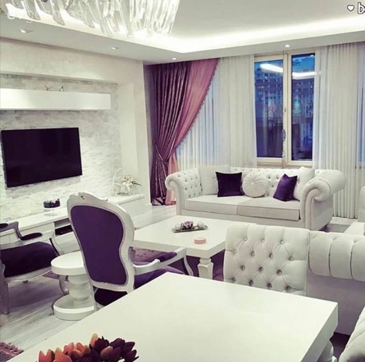 Berjer, Beyaz, Fon perde, Mor, Pembe, Salon, Tv ünitesi, Perde