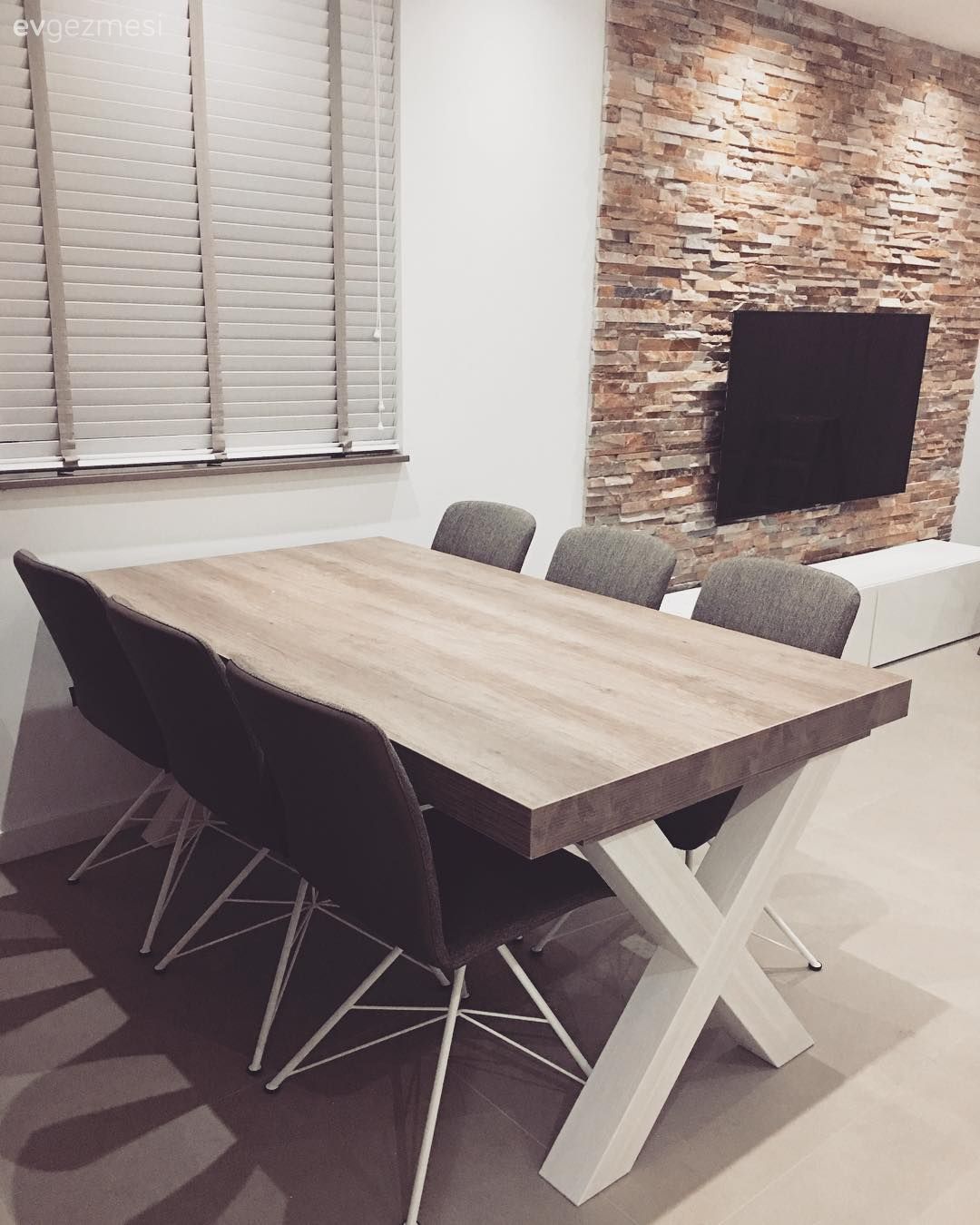 Salon, Taş duvar, Tv ünitesi, Yemek Odası, Perde