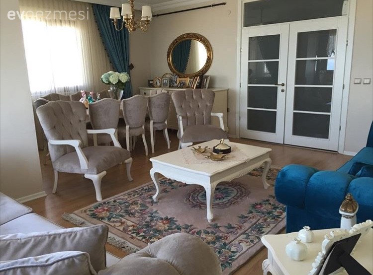Altın, Ayna, Halı, Mavi, Orta sehpa, Salon, Yemek Odası