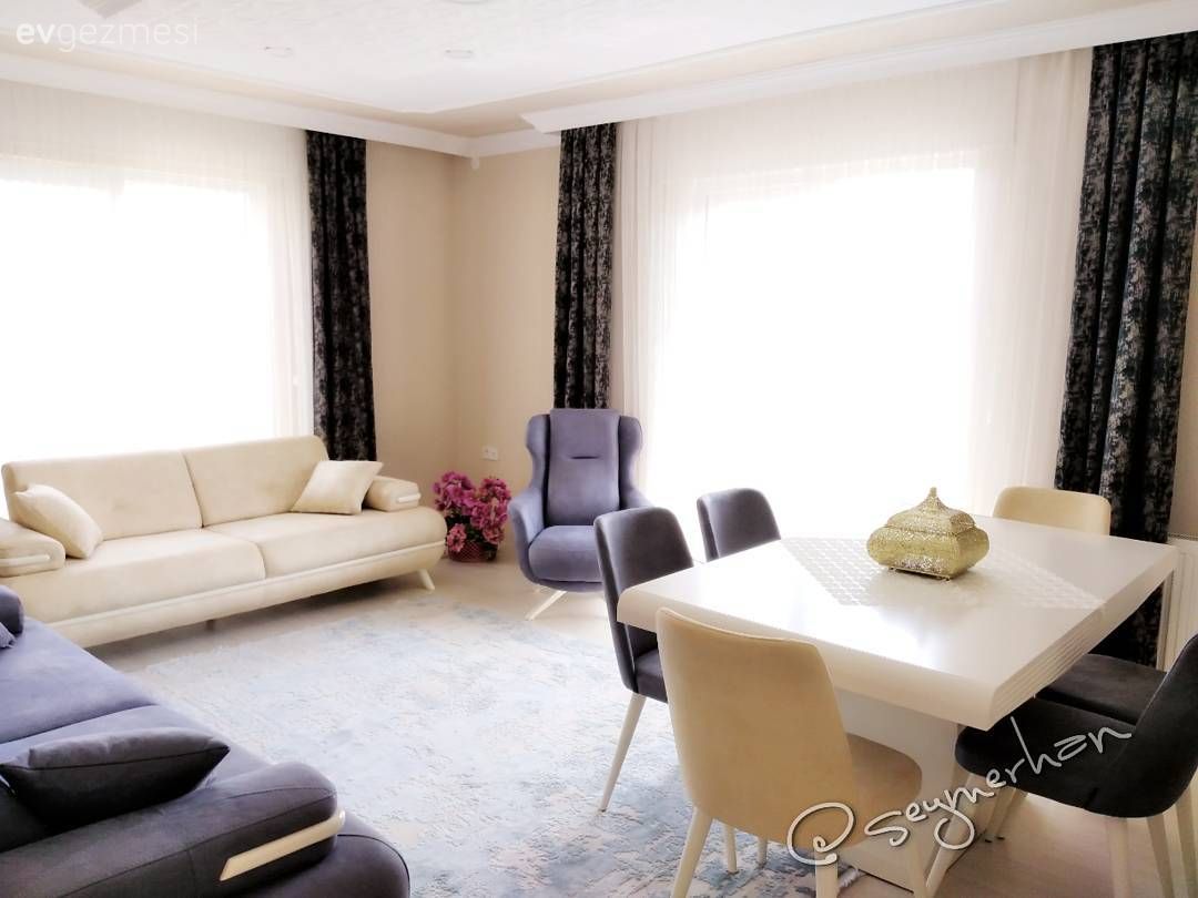 Berjer, Fon perde, Halı, Krem, Mor, Perde, Salon, Yemek Odası