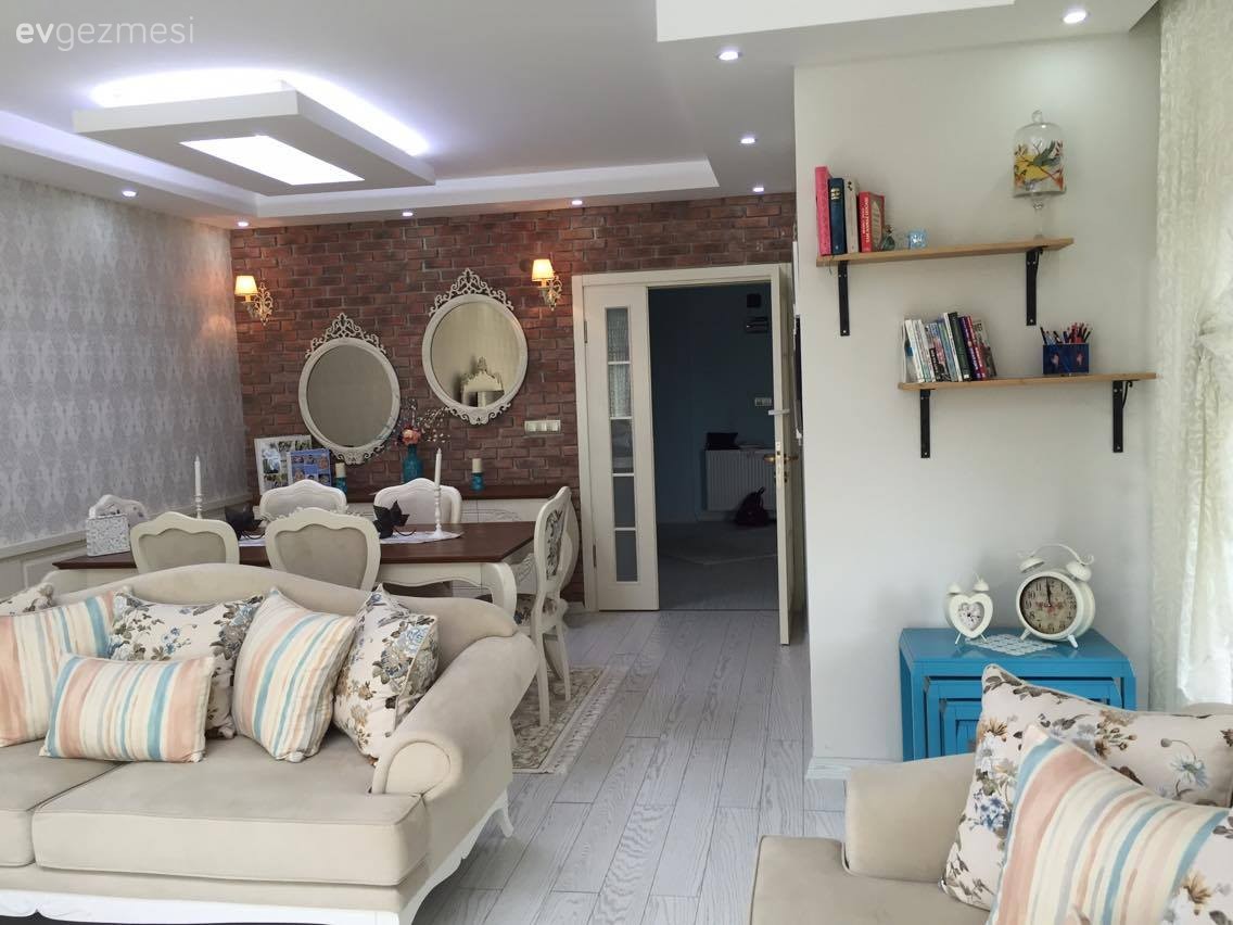 Ayna, Country, Krem, Salon, Taş duvar, Yemek Odası