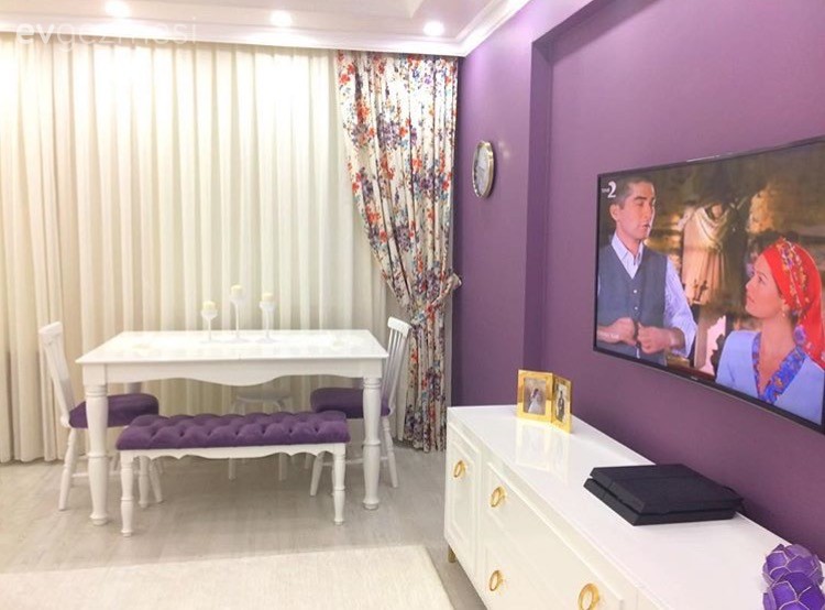 Bank, Fon perde, Mor, Salon, Tv ünitesi, Yemek Odası, Perde