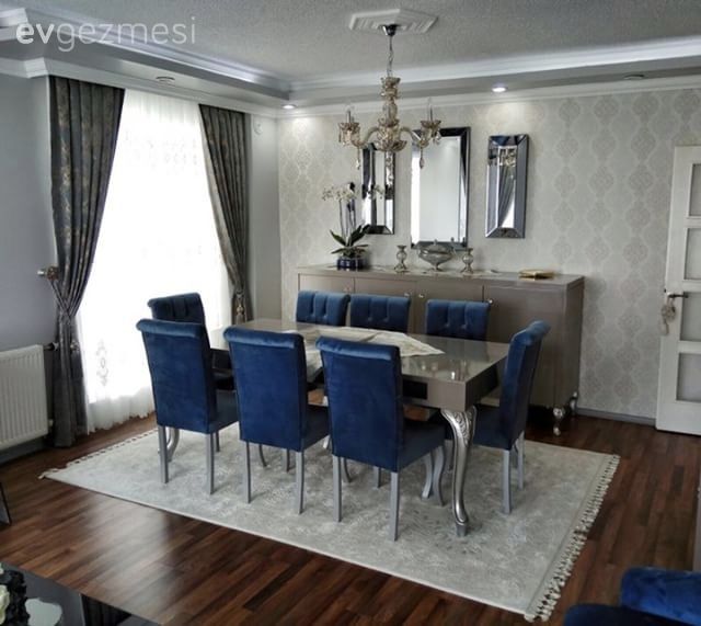 Avize, Ayna, Duvar kağıdı, Fon perde, Halı, Konsol, Mavi, Perde, Salon, Yemek Odası, Aydınlatma