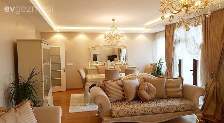 Avize, Ayna, Fon perde, Krem, Salon, Yemek Odası, Perde, Aydınlatma