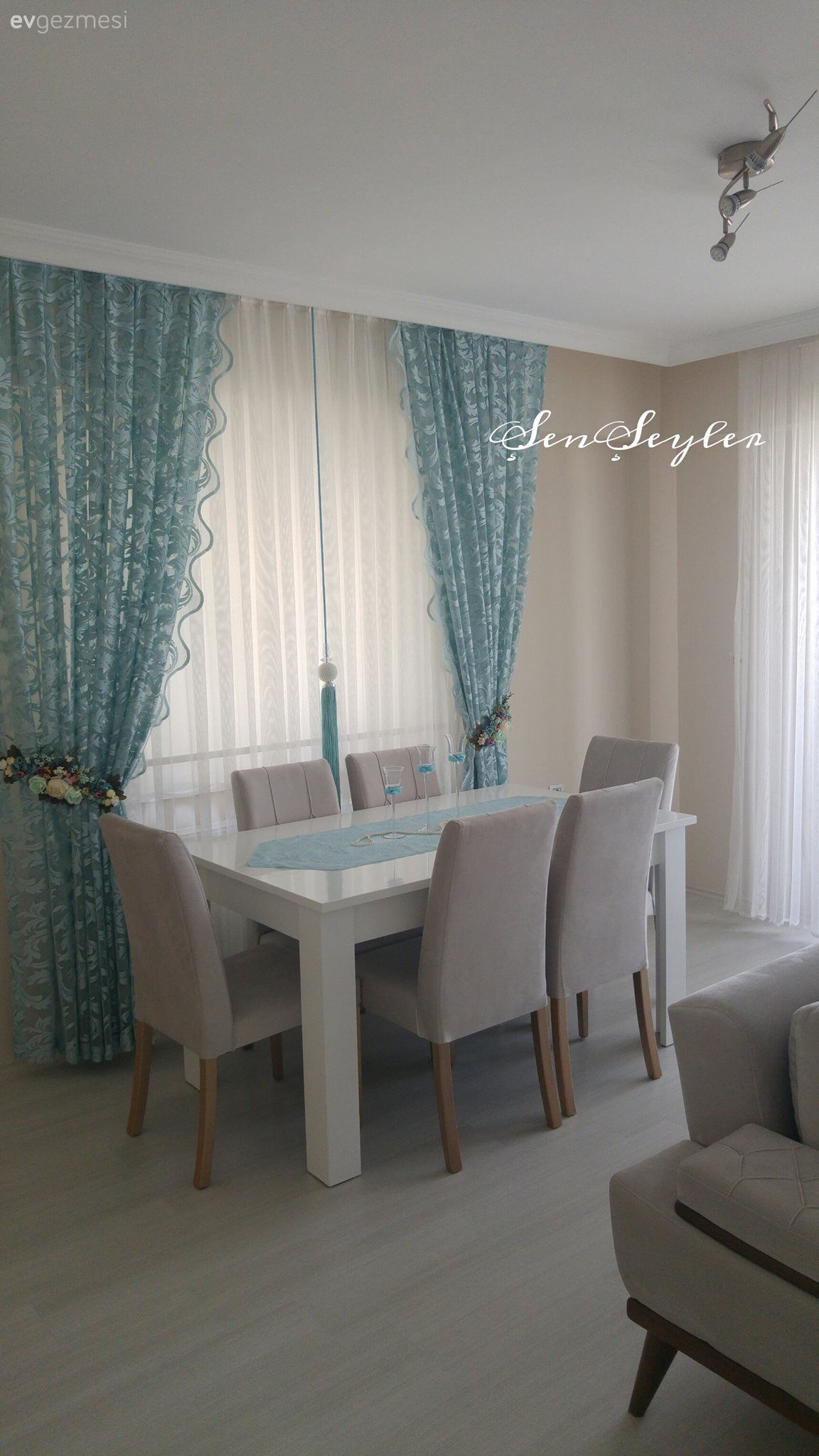 Fon perde, Krem, Mavi, Salon, Yemek Odası