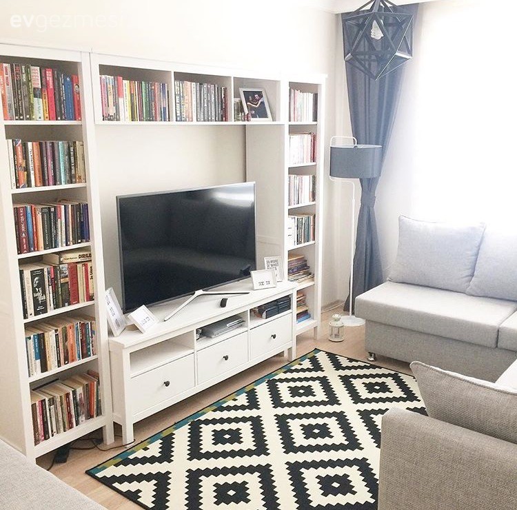 Avize, Gri, Halı, Ikea, Kitaplık, Oturma Odası, Siyah- Beyaz, Tv ünitesi, Aydınlatma
