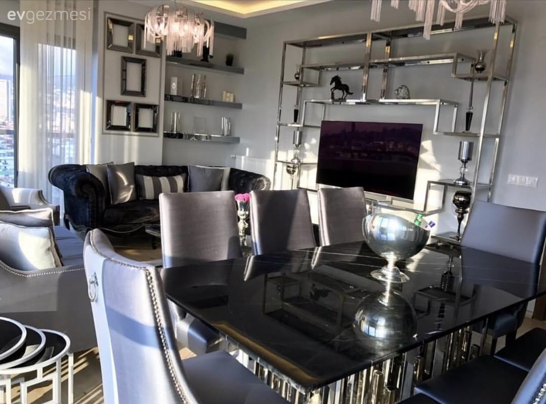 Tv ünitesi, Salon, Yemek Odası, Gri, Mermer, Çerçeve, Aynalı mobilya, Gümüş