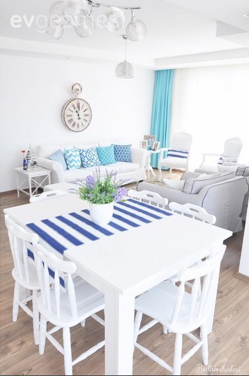 Beyaz, Mavi, Salon, Yemek Odası