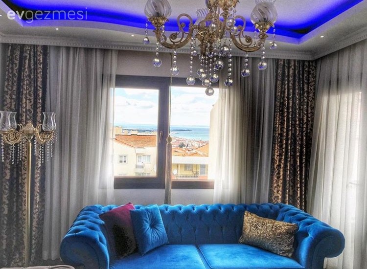 Altın, Avize, Fon perde, Led aydınlatma, Mavi, Salon, Perde, Aydınlatma