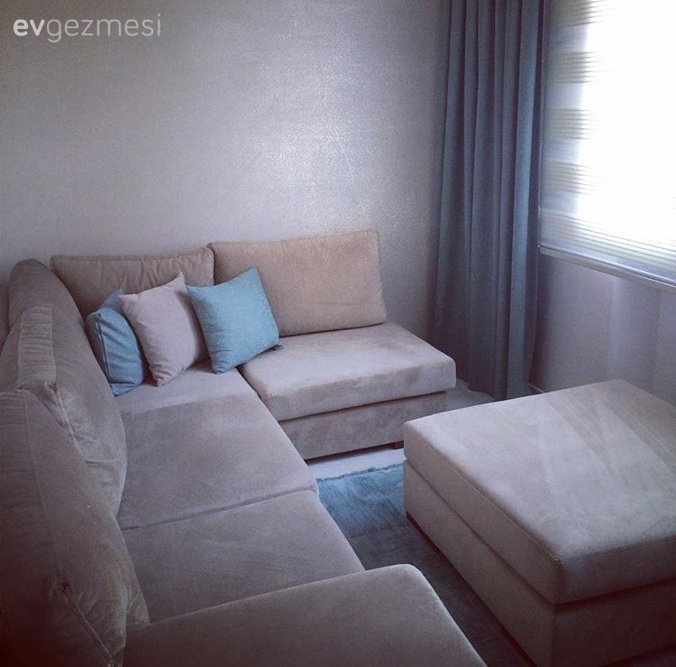 Fon perde, Köşe koltuk, Krem, Mavi, Oturma Odası, Puf, Perde