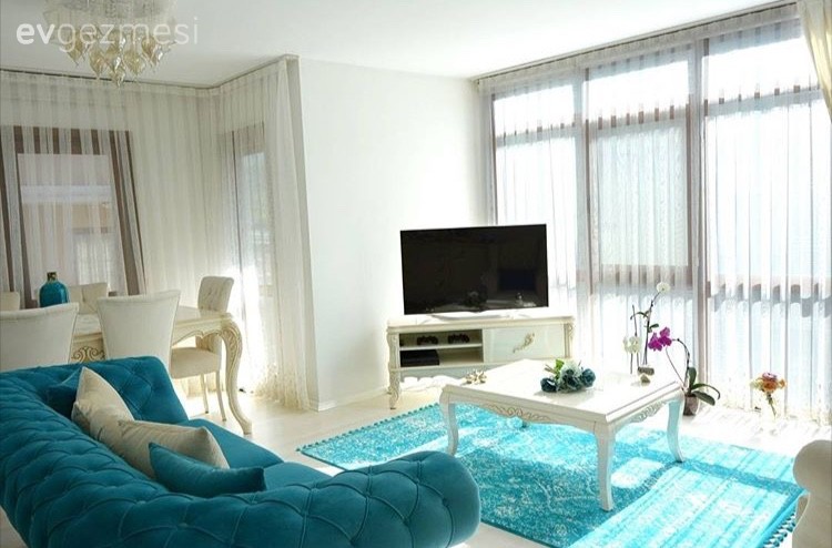 Fon perde, Halı, Mavi, Orta sehpa, Salon, Tv ünitesi, Yemek Odası, Perde