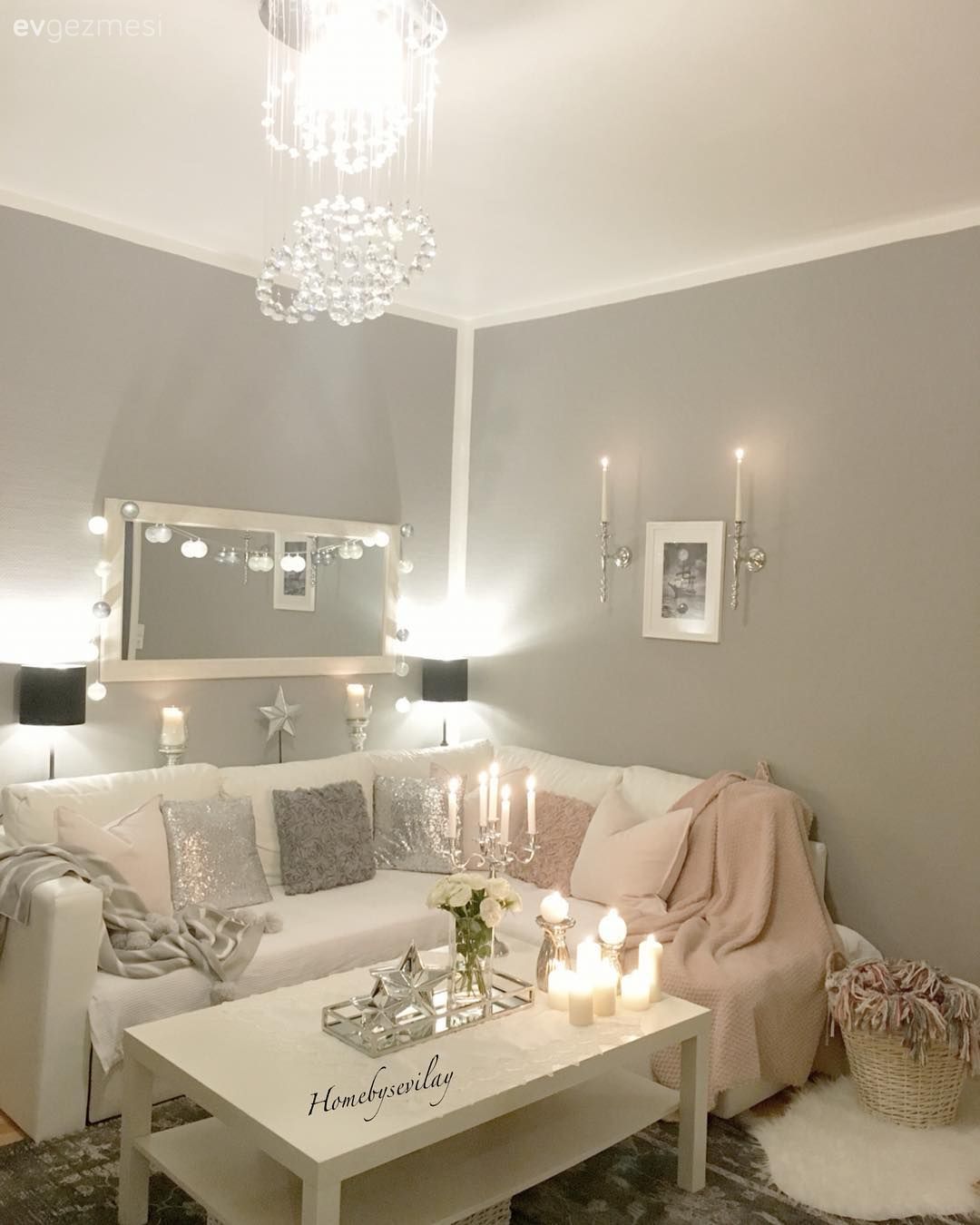 Salon, Köşe koltuk, Pembe, Koltuk örtüsü, Ayna, Gri, Aydınlatma