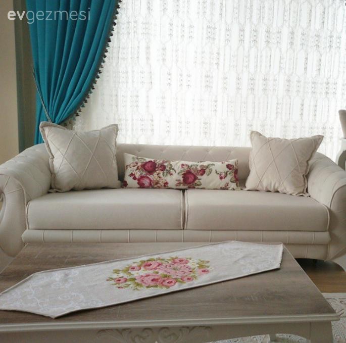 Fon perde, Mavi, Salon, Sehpa, Perde