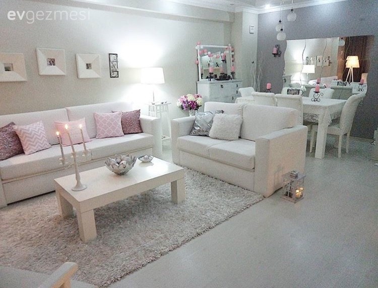 Ayna, Beyaz, Halı, Orta sehpa, Pembe, Salon, Yemek Odası, Kırlent
