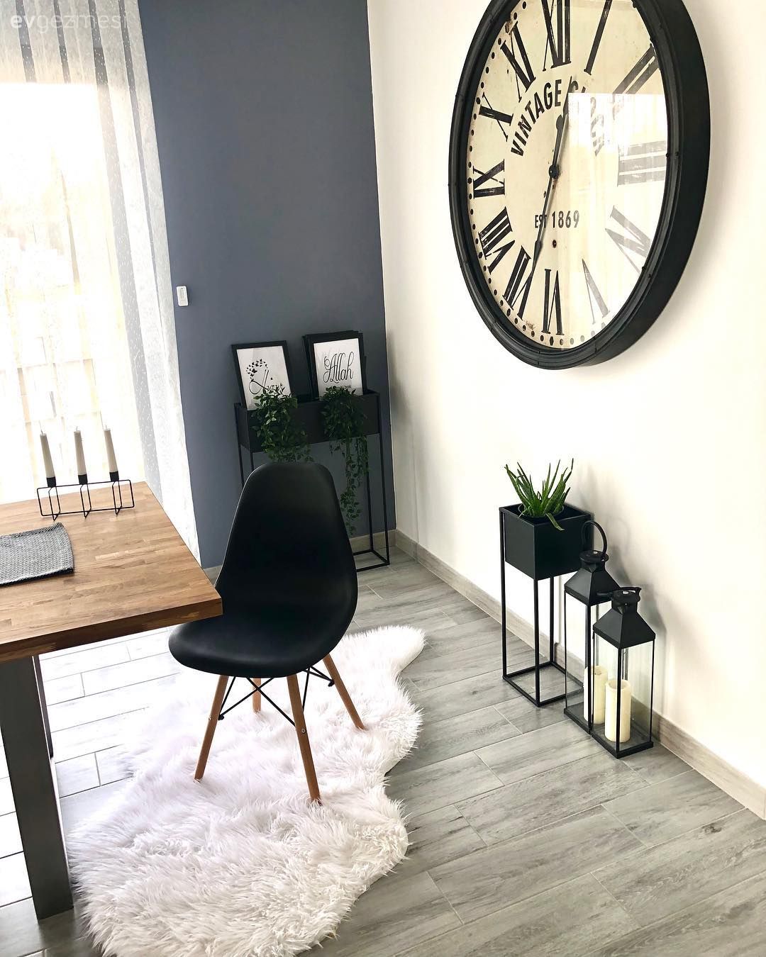 Duvar saati, Salon, Modern, Çiçeklik, Gri duvar, Eames sandalye