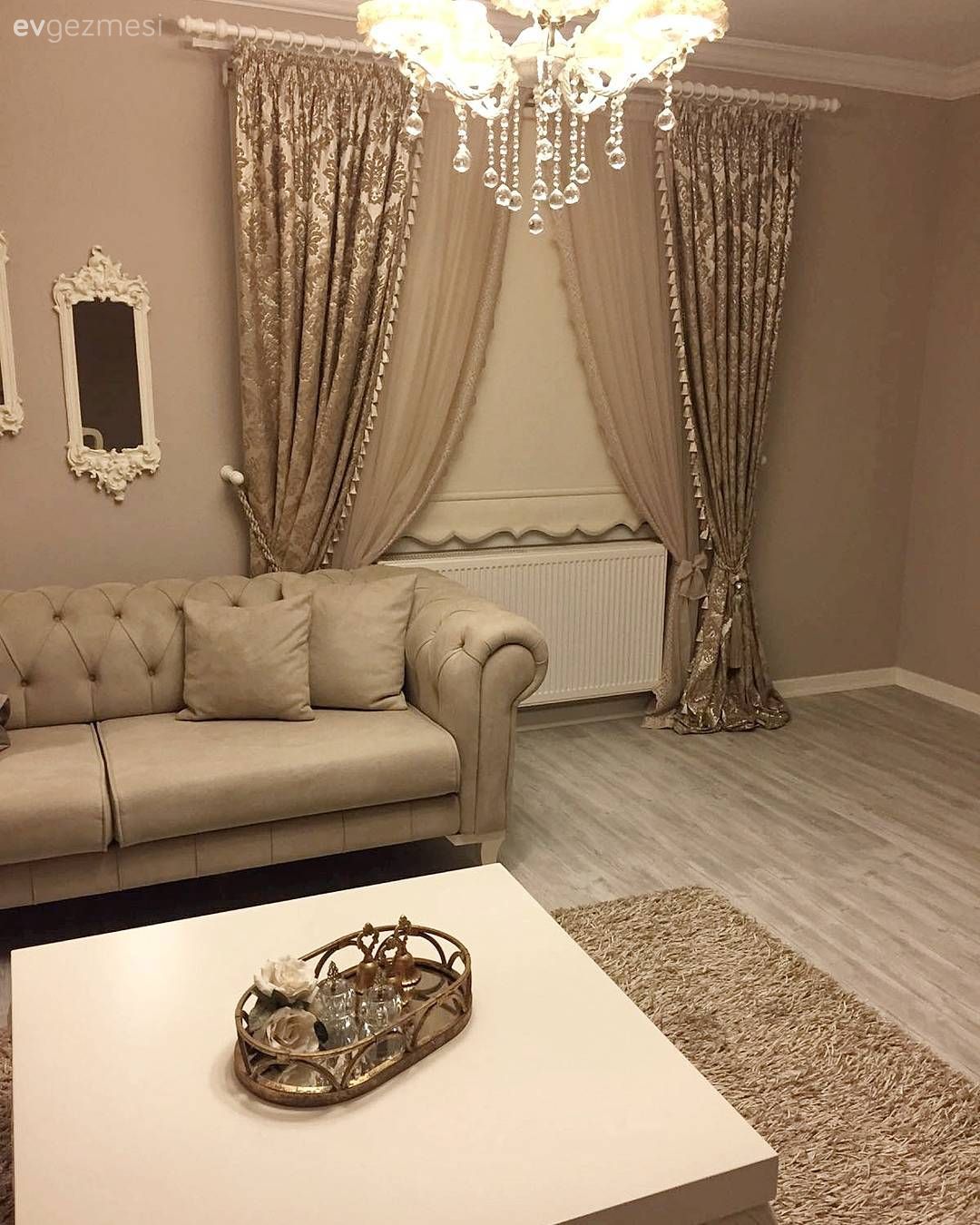 Avize, Chesterfield, Fon perde, Krem, Perde, Salon