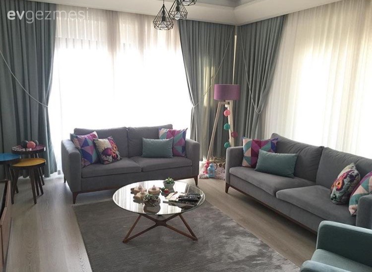 Avize, Fon perde, Gri, Halı, Lambader, Mor, Salon, Perde, Aydınlatma, Kırlent