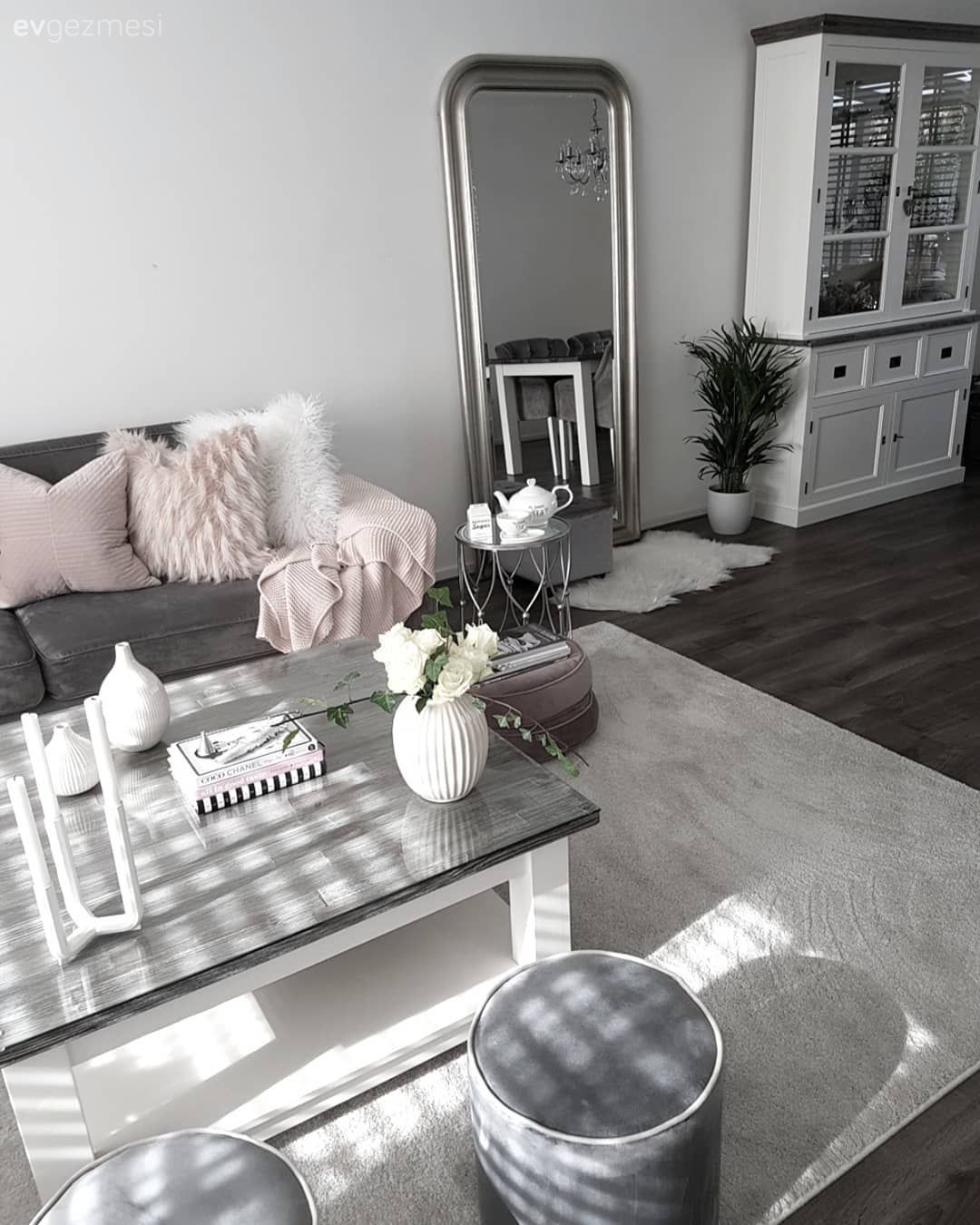 Salon, Orta sehpa, Beyaz halı, Halı, Ayna, Boy aynası, Sehpa üstü aksesuarı