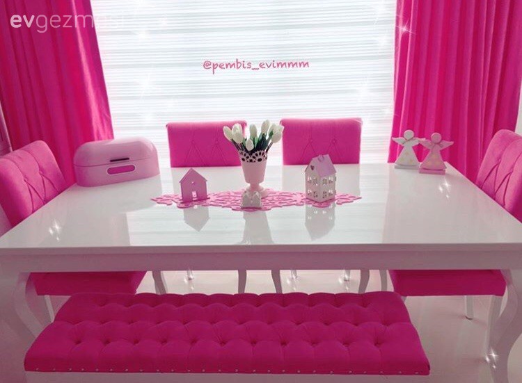 Fon perde, Mutfak, Mutfak masası, Pembe, Perde