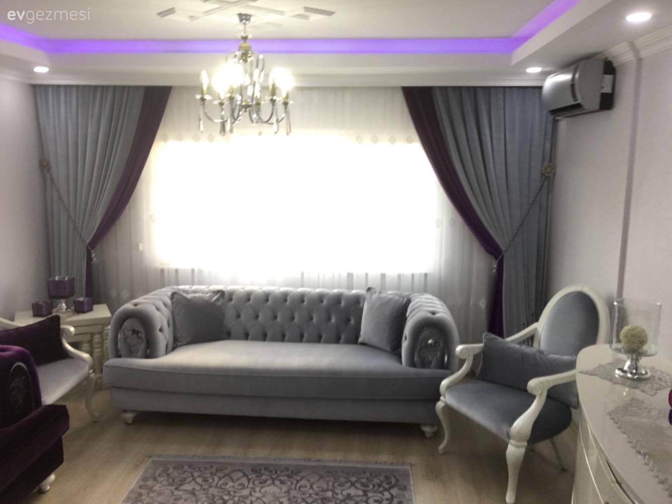 Asma tavan, Avize, Berjer, Fon perde, Gri, Mor, Perde, Salon, Aydınlatma