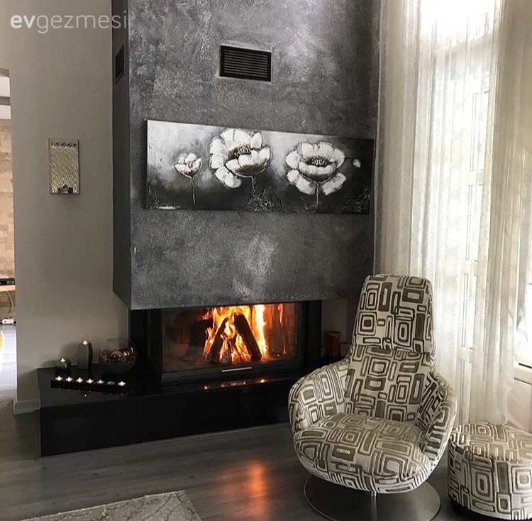 Berjer, Gri, Salon, Şömine, Tablo