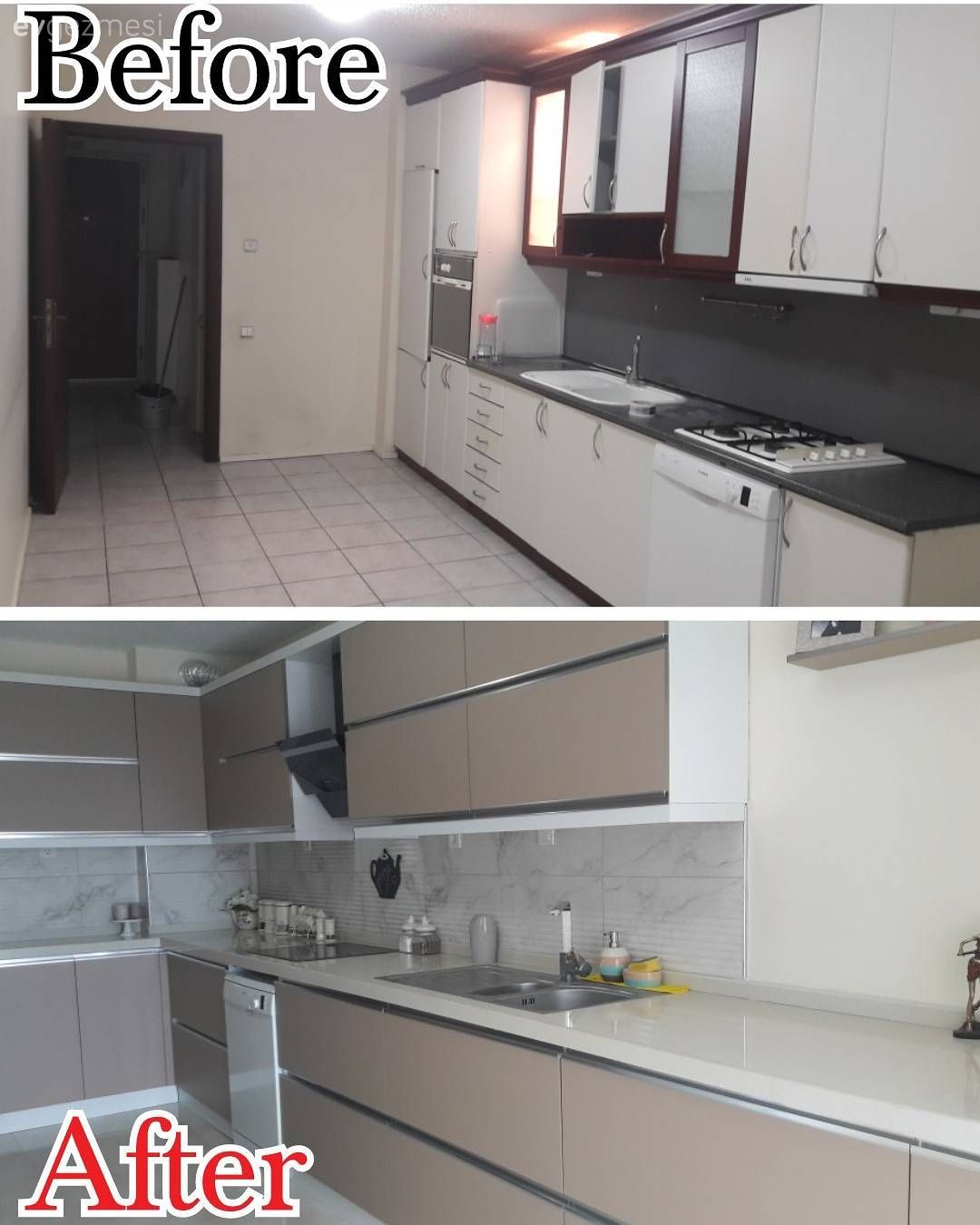 Öncesi& Sonrası: Tadilat ile yenilenen mutfak şimdi hem şık, hem kullanışlı.