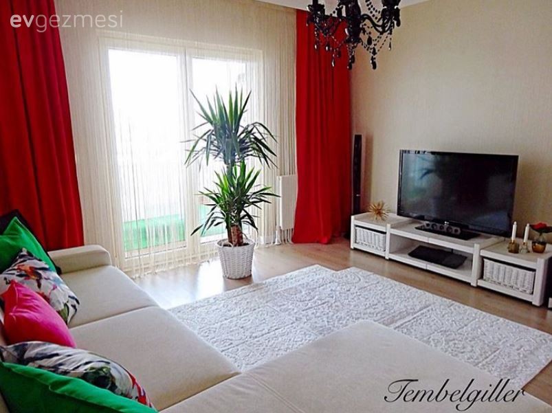 Çiçekler, Fon perde, Halı, Kırmızı, Salon, Tv ünitesi, Perde