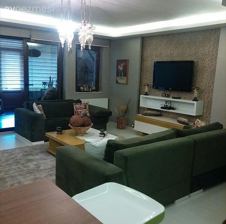 Oturma Odası, Salon, Taş duvar, Tv ünitesi, Yeşil