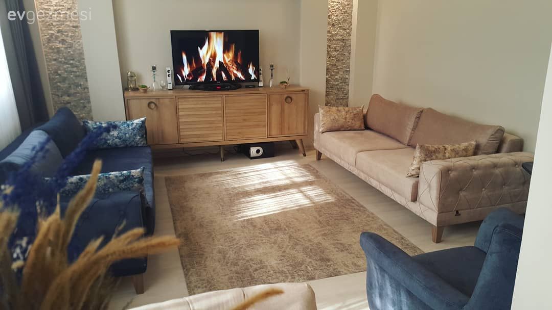 Salon, Halı, Ahşap Mobilya, Konsol, Krem, Mavi, Duvar Nişleri