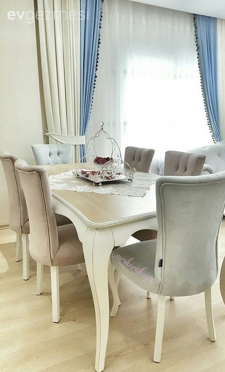 Fon perde, Krem, Mavi, Salon, Yemek Odası, Perde