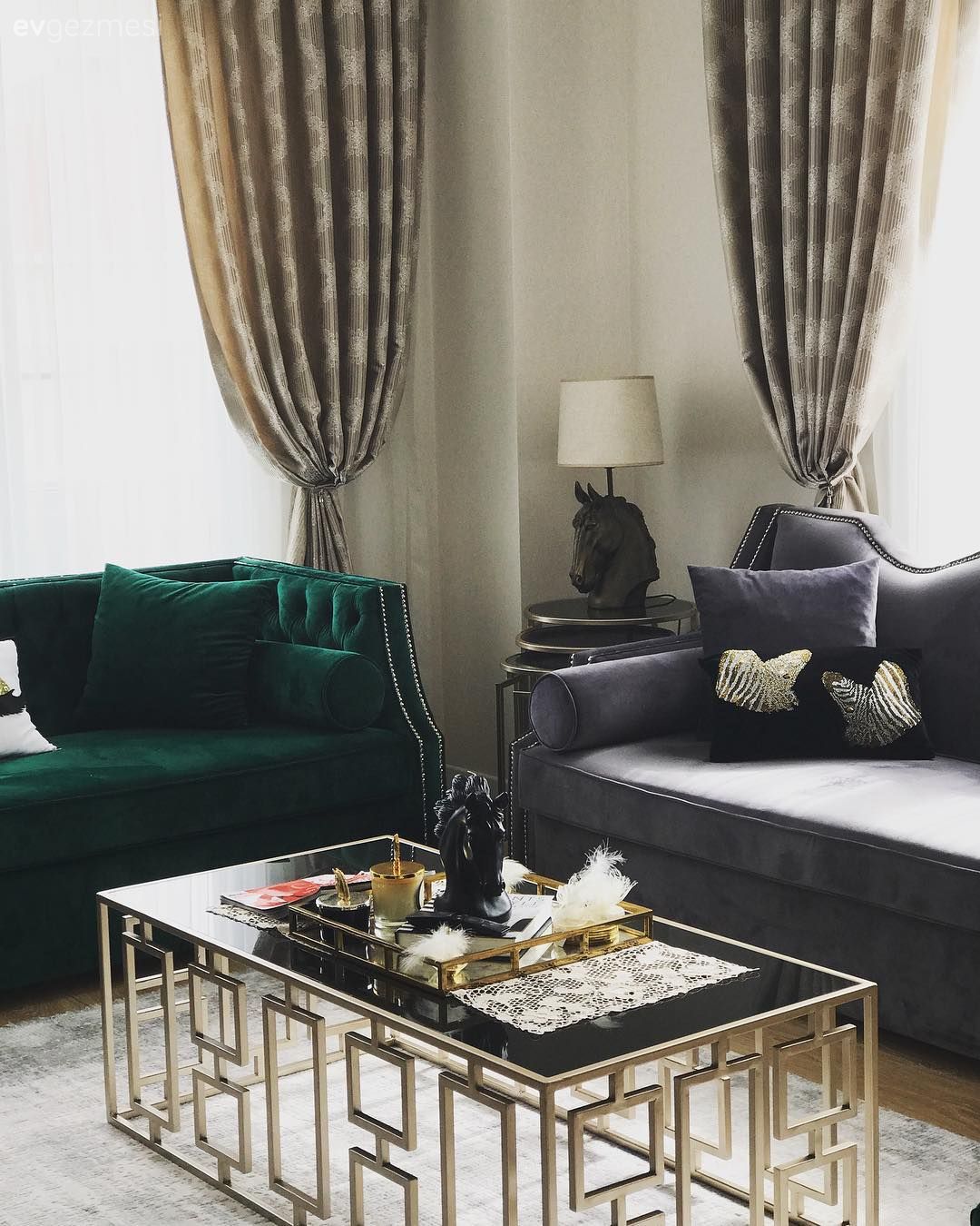 Salon, Metal ayaklı sehpa, Gri, Yeşil, Abajur