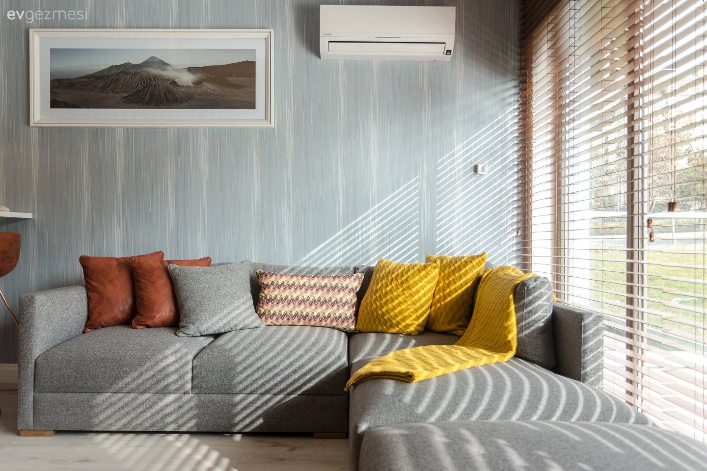 Salon, Gri, Köşe koltuk, Sarı, Turuncu, Kırlent