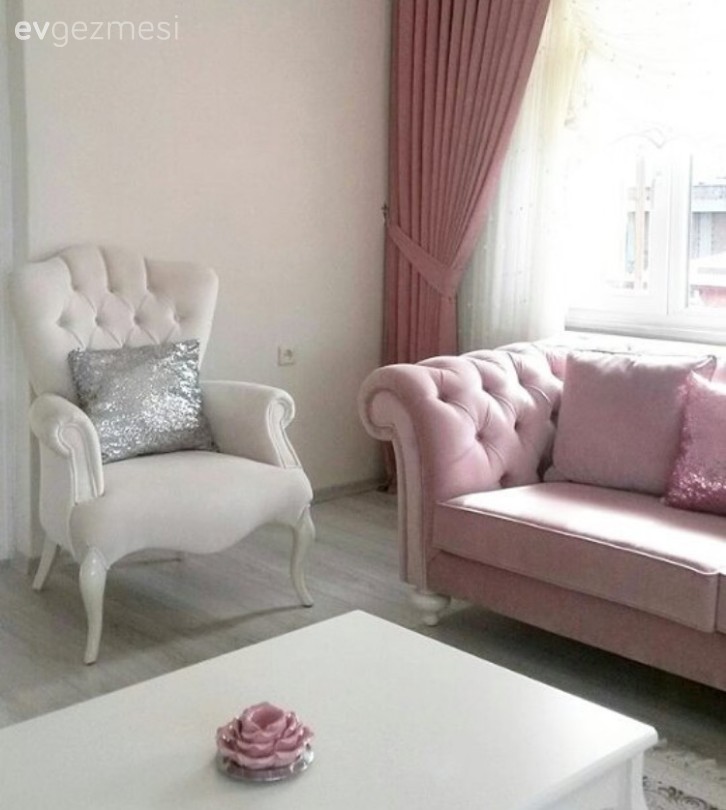 Berjer, Chesterfield, Oturma Odası, Pembe, Perde