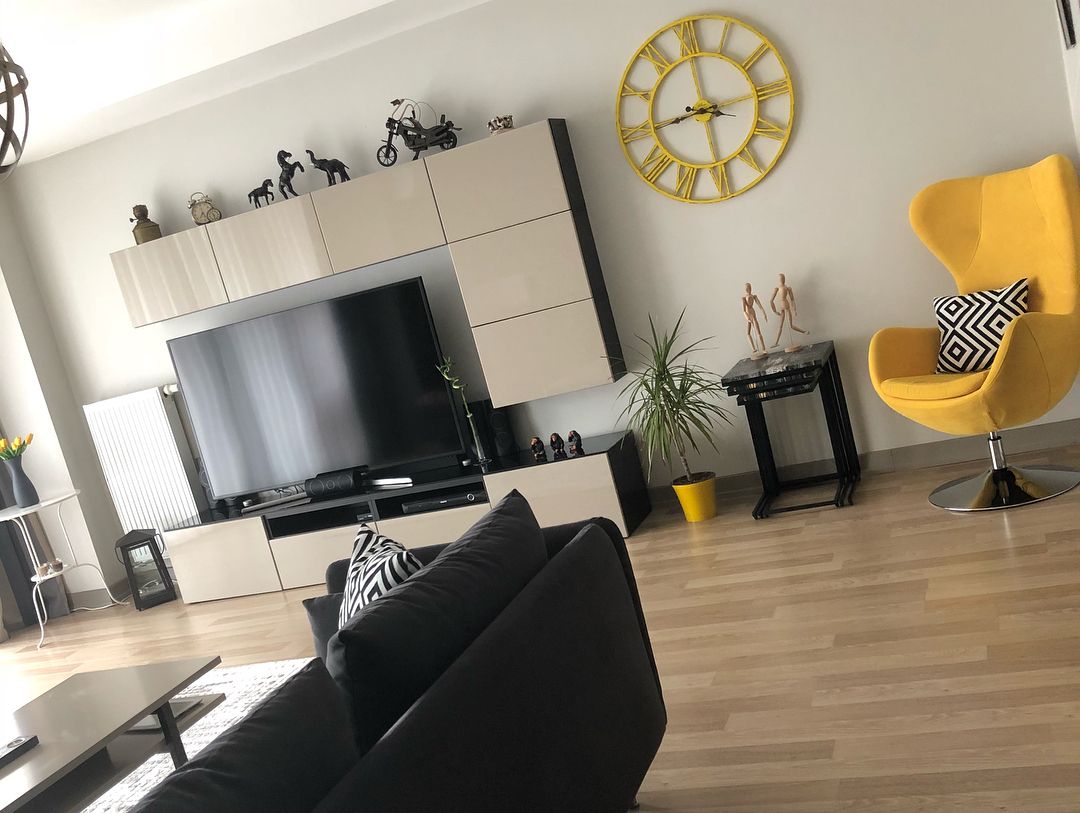 Salon, Berjer, Sarı, Modern, Tv ünitesi, Duvar saati, Metal duvar saati