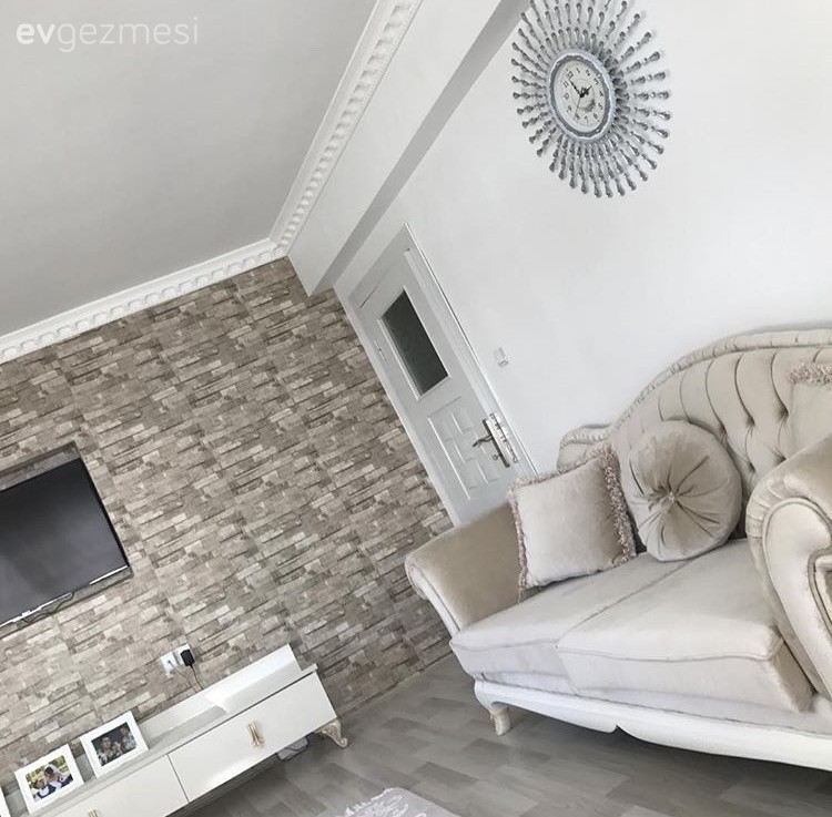 Krem, Salon, Taş duvar, Tv ünitesi