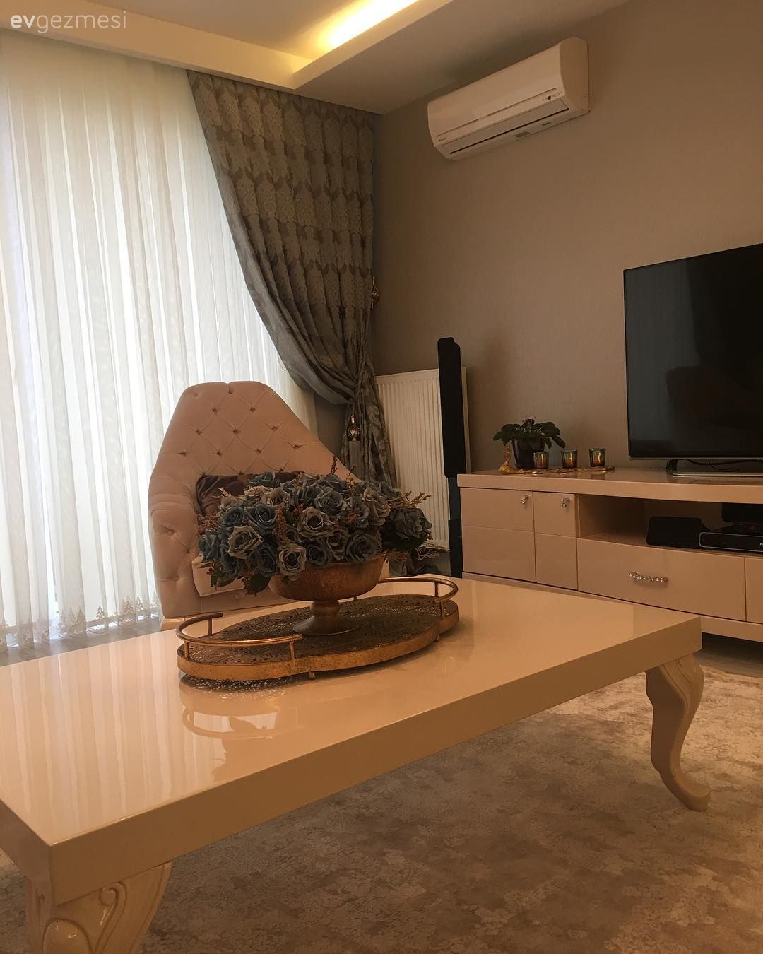 Salon, Orta sehpa, Halı, Berjer, Çiçekler, Yapay çiçekler, Mavi, Fon perde, Tv ünitesi, Krem, Asma tavan, Salon halısı