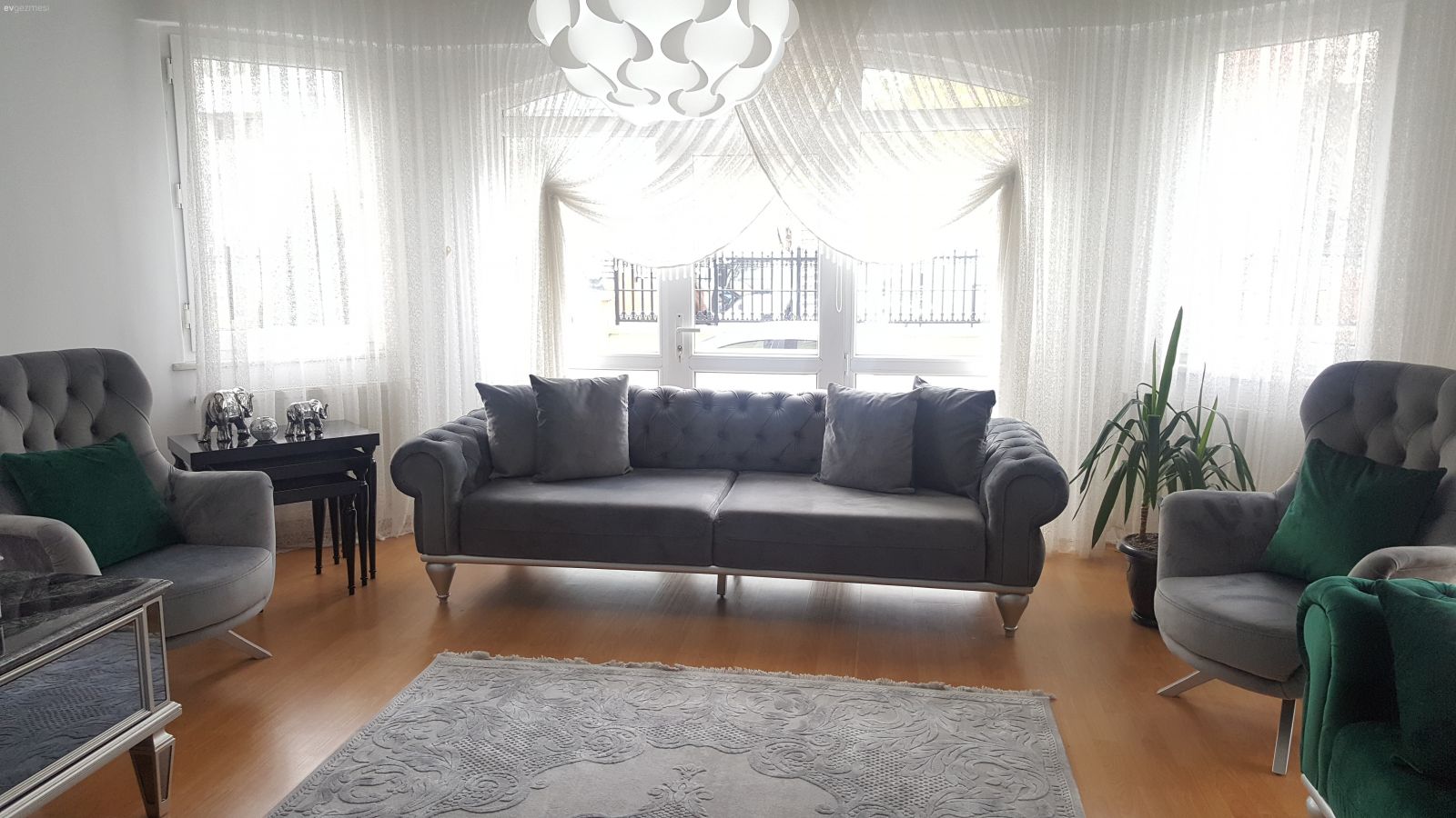 Salon, Kruvaze perde, Halı, Gri, Yeşil