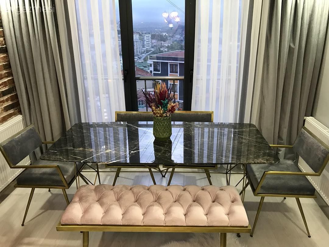 Salon, Yemek Odası, Bank, Modern, Metal sandalye, Fon perde, Perde, Mermer, Mermer masa, Gri ve pembe dekorasyon, Pembe