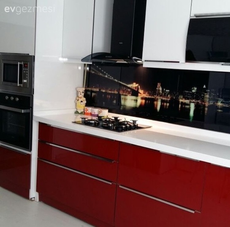 Kırmızı, Kırmızı mutfak, Modern mutfak, Mutfak, Tezgah arası cam